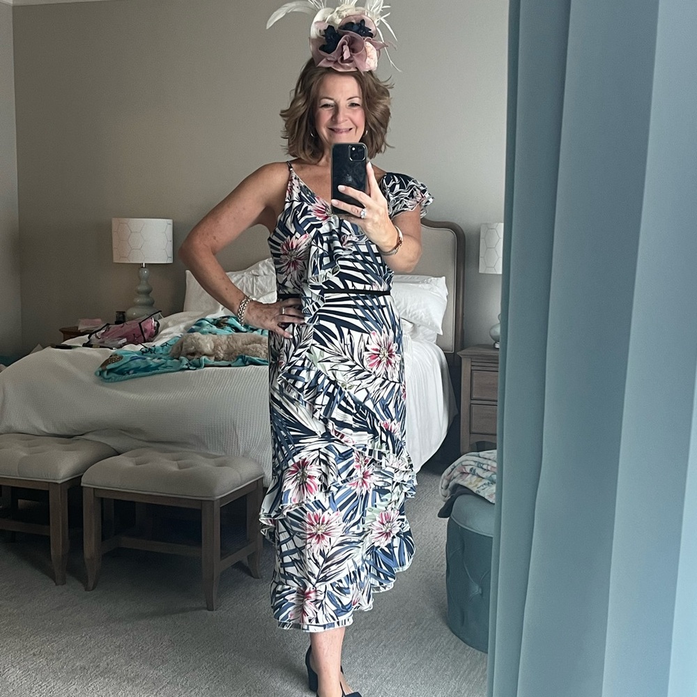 Complete Derby look! Floral Ruffle Dress and coordinating fascinator.